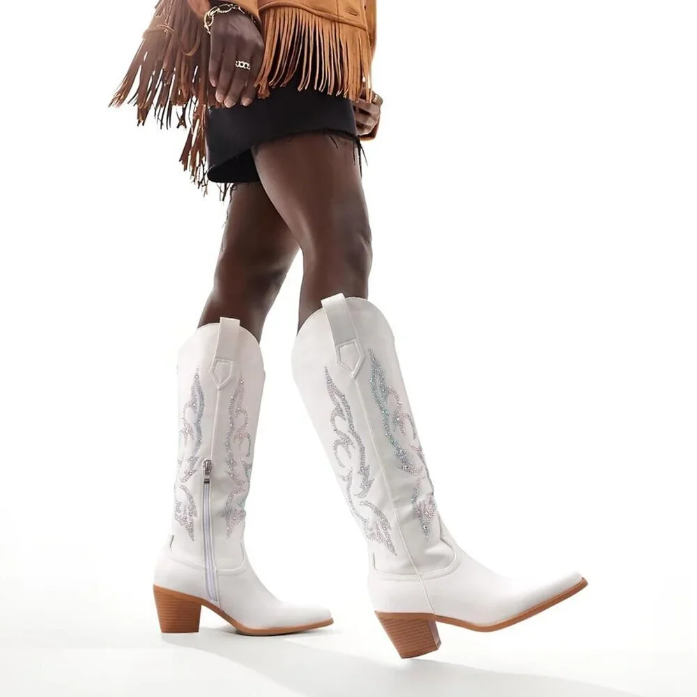 Women's White 1 Knee High Wide Calf Western Glitter Sparkly Ladies Tall Boots